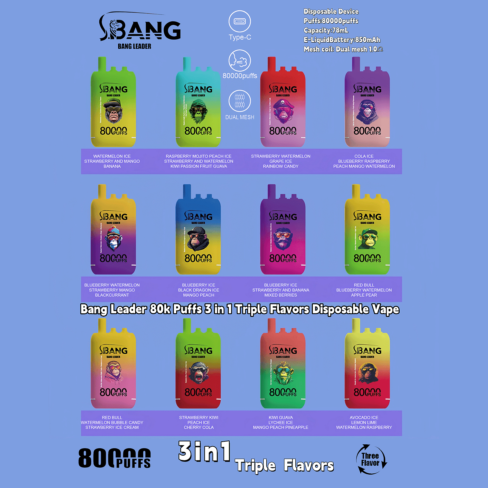 Ein Werbebild für die Einweg-Vaporizer von Bang Leader mit einer Reihe farbenfroher Geräte, jedes mit einzigartigen Geschmackskombinationen und Spezifikationen wie 80.000 Zügen, Dual-Mesh-Spulen und Typ-C-Ladekompatibilität.