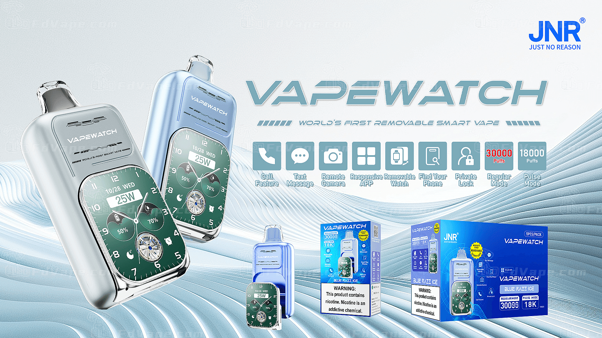 Publicité Vapewatch présentant un appareil de vapotage intelligent doté de fonctionnalités de montre telles que des fonctions d'appel, de SMS et d'appareil photo, ainsi qu'un emballage avec un avertissement concernant la nicotine.