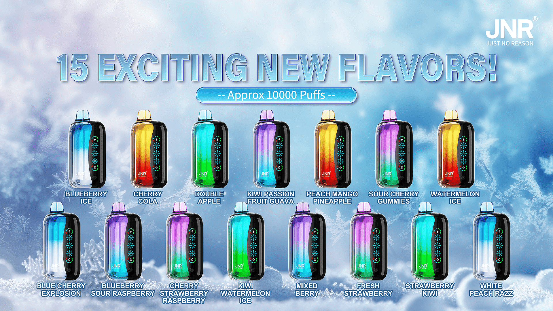 Une publicité présentant 15 appareils de vapotage colorés, chacun étiqueté avec des saveurs uniques telles que Blueberry Ice, Peach Mango Pineapple et Kiwi Watermelon Ice, avec un texte mettant en évidence « 15 nouvelles saveurs passionnantes » et « Environ 10 000 bouffées ».