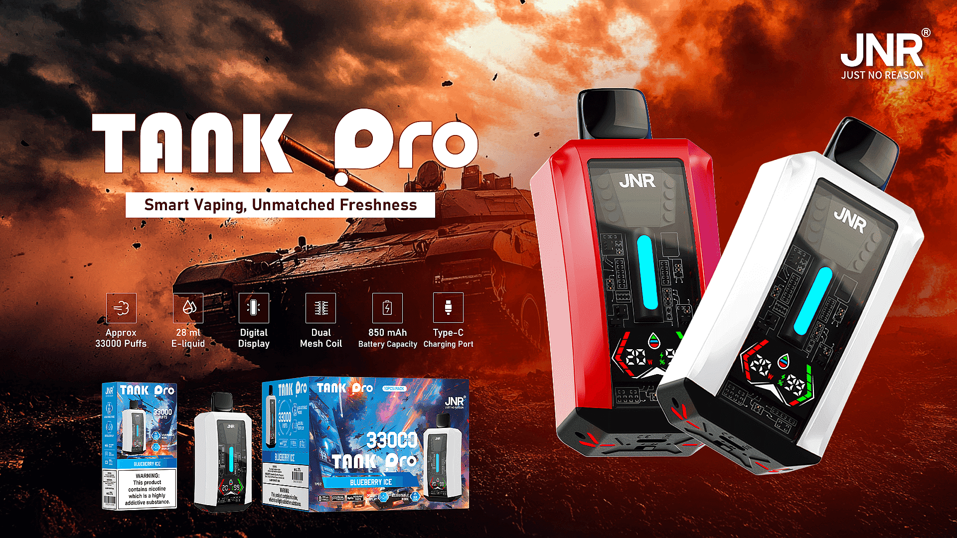 Image promotionnelle pour le vape JNR Tank Pro, comprenant deux appareils de style rouge et blanc avec des écrans numériques devant un arrière-plan dynamique sur le thème du champ de bataille, mettant en évidence ses spécifications telles que 33 000 bouffées, le chargement par port de type C et les bobines à double maille.