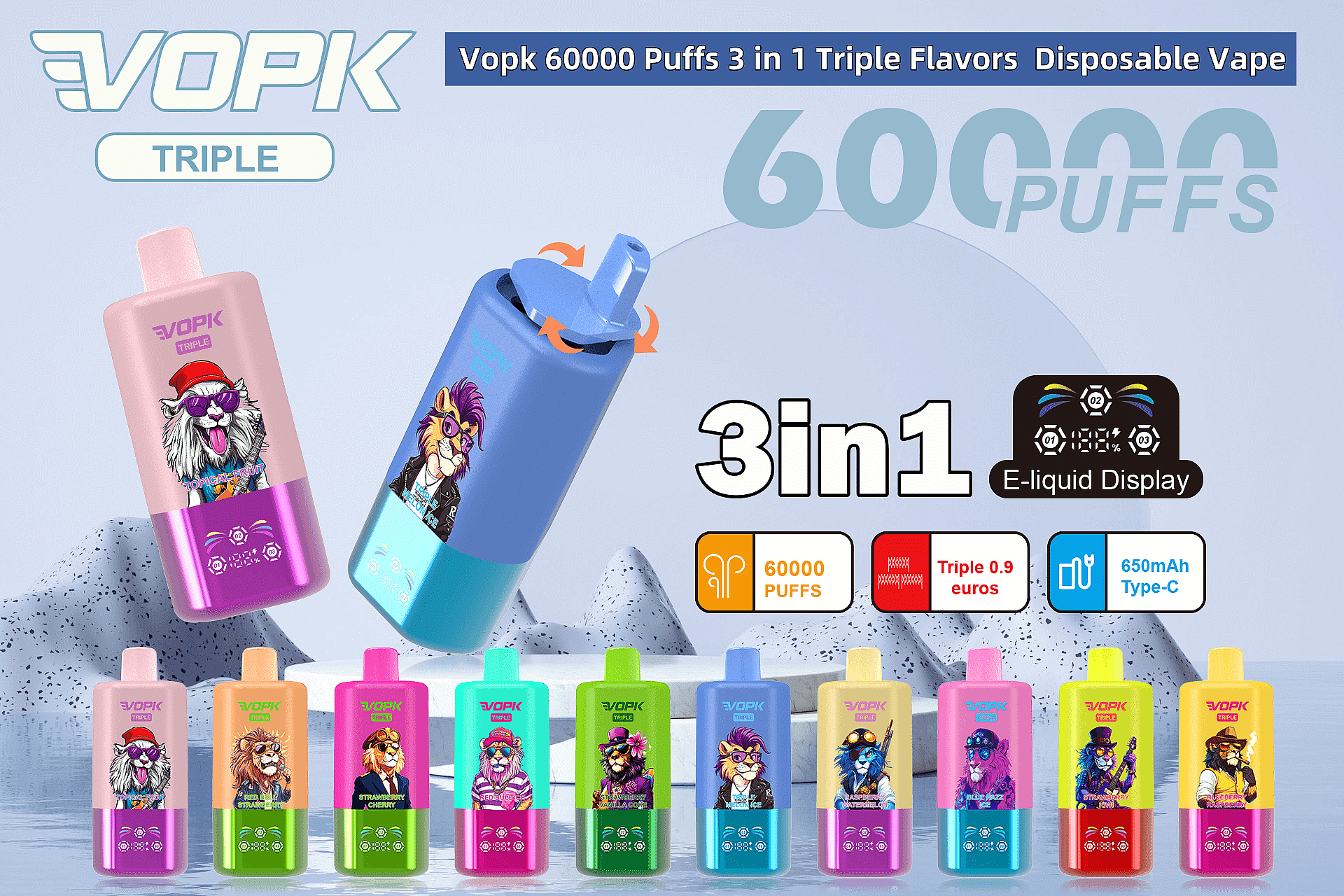 Promotional image showcasing Vopk disposable vape devices in colorful designs featuring illustrated animal characters and product features like 60000 puffs and a 3-in-1 flavor system.