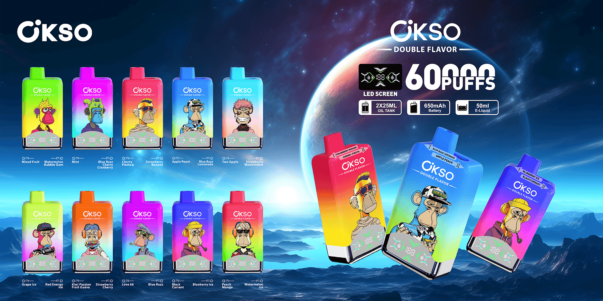 Promotional image for OKSO Double Flavor vaping devices featuring colorful packaging with stylized monkey artwork, showcasing multiple flavor options like Mixed Fruit, Blue Razz, and Peach Mango against a space-themed background, highlighting features like 60,000 puffs, LED screen, and 50ml e-liquid capacity.