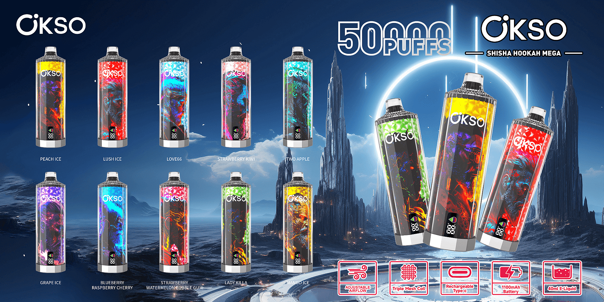 Reklambild som visar OKSO Shisha Hookah Mega vape-enheter i olika smaker, mot ett futuristiskt landskap, med funktioner som 50 000 bloss, mesh-coil, Type-C-laddning, 1100 mAh batteri och 40 ml e-vätska.