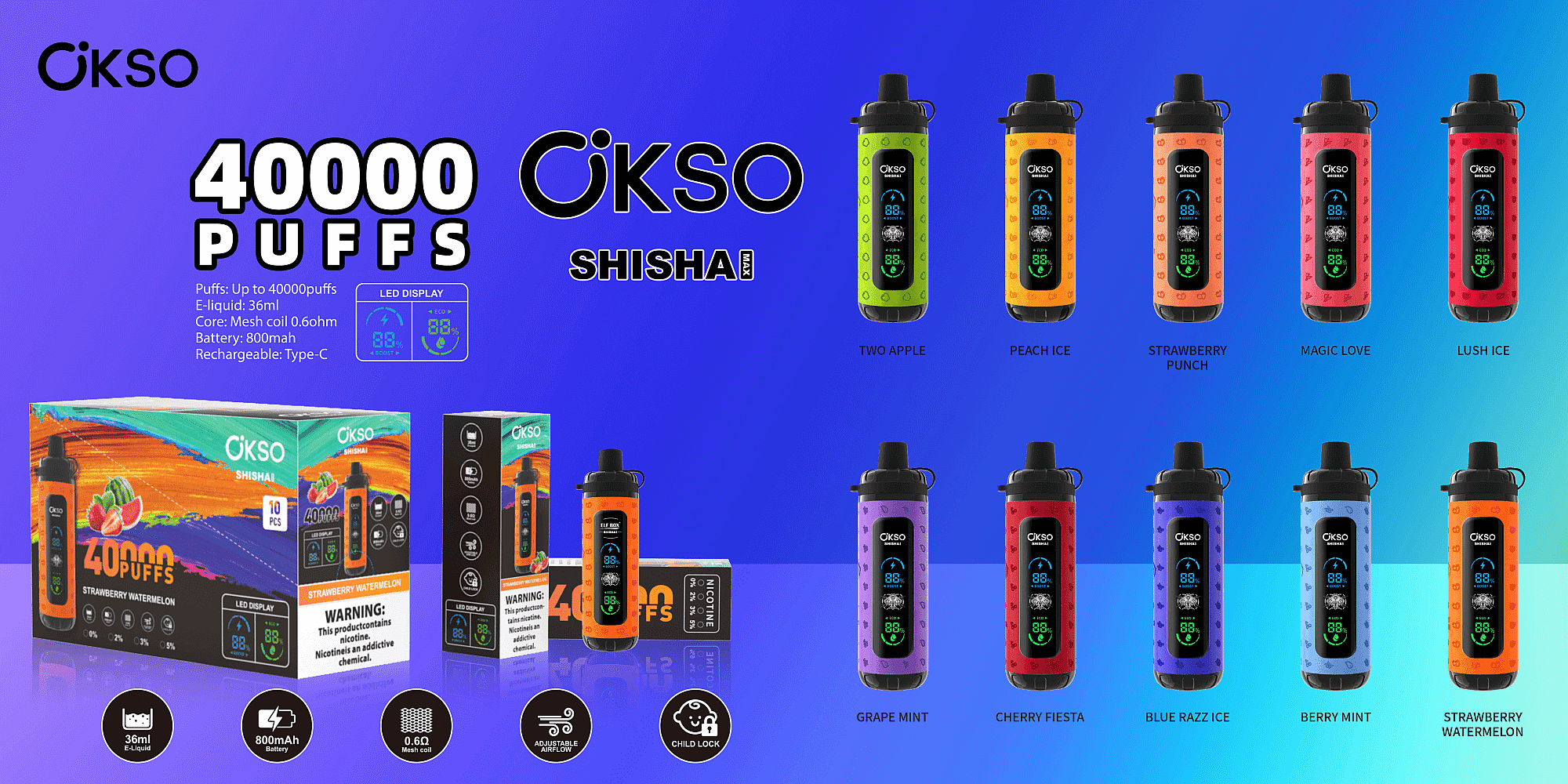 En reklambild för OKSO Shisha vape-enheter med en rad olika smaker som Two Apple, Peach Ice och Strawberry Punch, alla med en färgglad cylindrisk design och LED-display, tillsammans med produktförpackningen som anger "40 000 PUFFS" och andra specifikationer som batterikapacitet och e-vätskevolym.