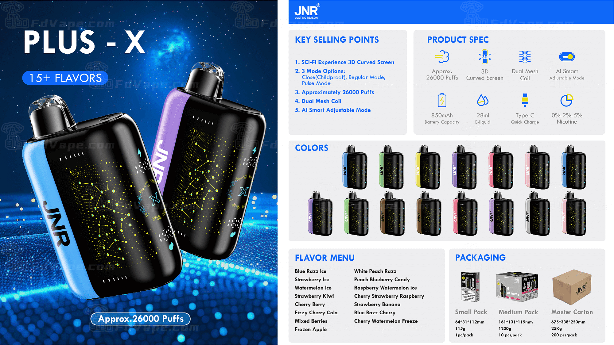Image promotionnelle de l'appareil de vapotage JNR Plus-X, présentant deux appareils, les principaux arguments de vente, les spécifications du produit, les options de couleur, le menu des saveurs et les détails de l'emballage.
