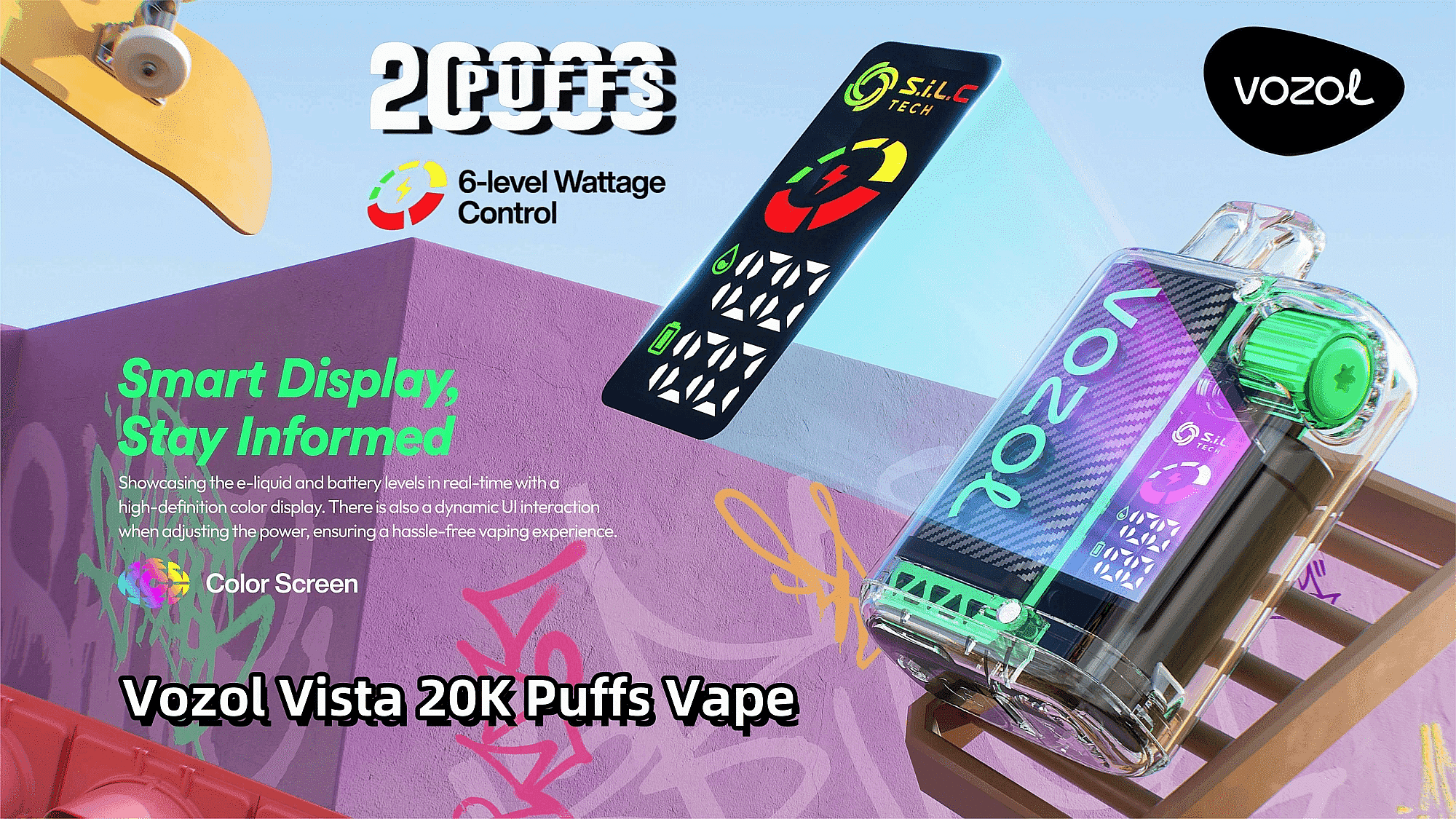 Promotional image featuring Vozol Vista 20K Puffs Vape with colorful and dynamic design elements, highlighting features like smart display, 6-level wattage control, and high-definition color screen against a graffiti-painted wall and skateboard.