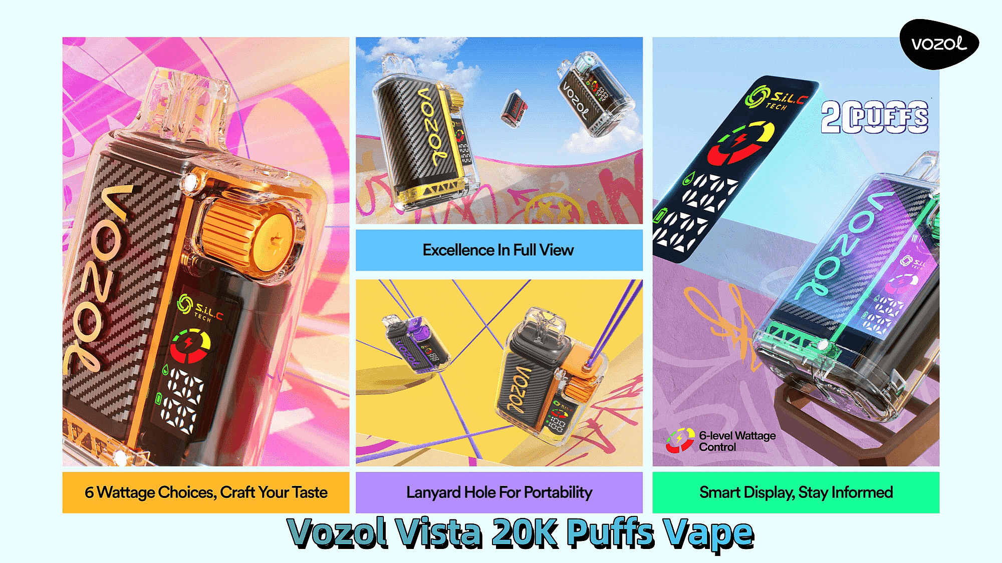 Promotional image for Vozol Vista 20K Puffs Vape showing various features including 6 wattage choices, a lanyard hole for portability, and a smart display, with a colorful background and logo.