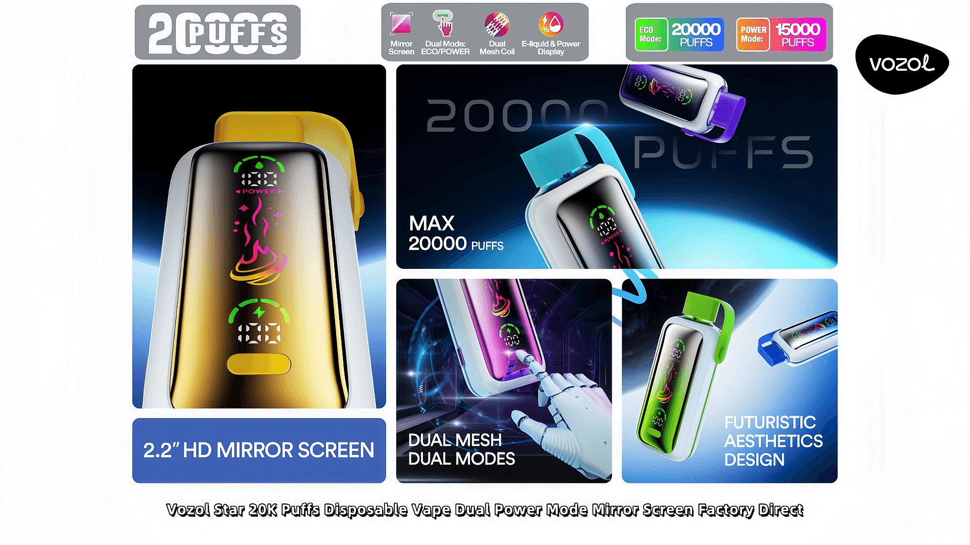 Reklambild för Vozol Star 20K Puffs engångsvapes, som visar upp funktioner som en 2,2-tums HD-spegelskärm, dubbla mesh-coillägen och futuristisk design i olika färger.