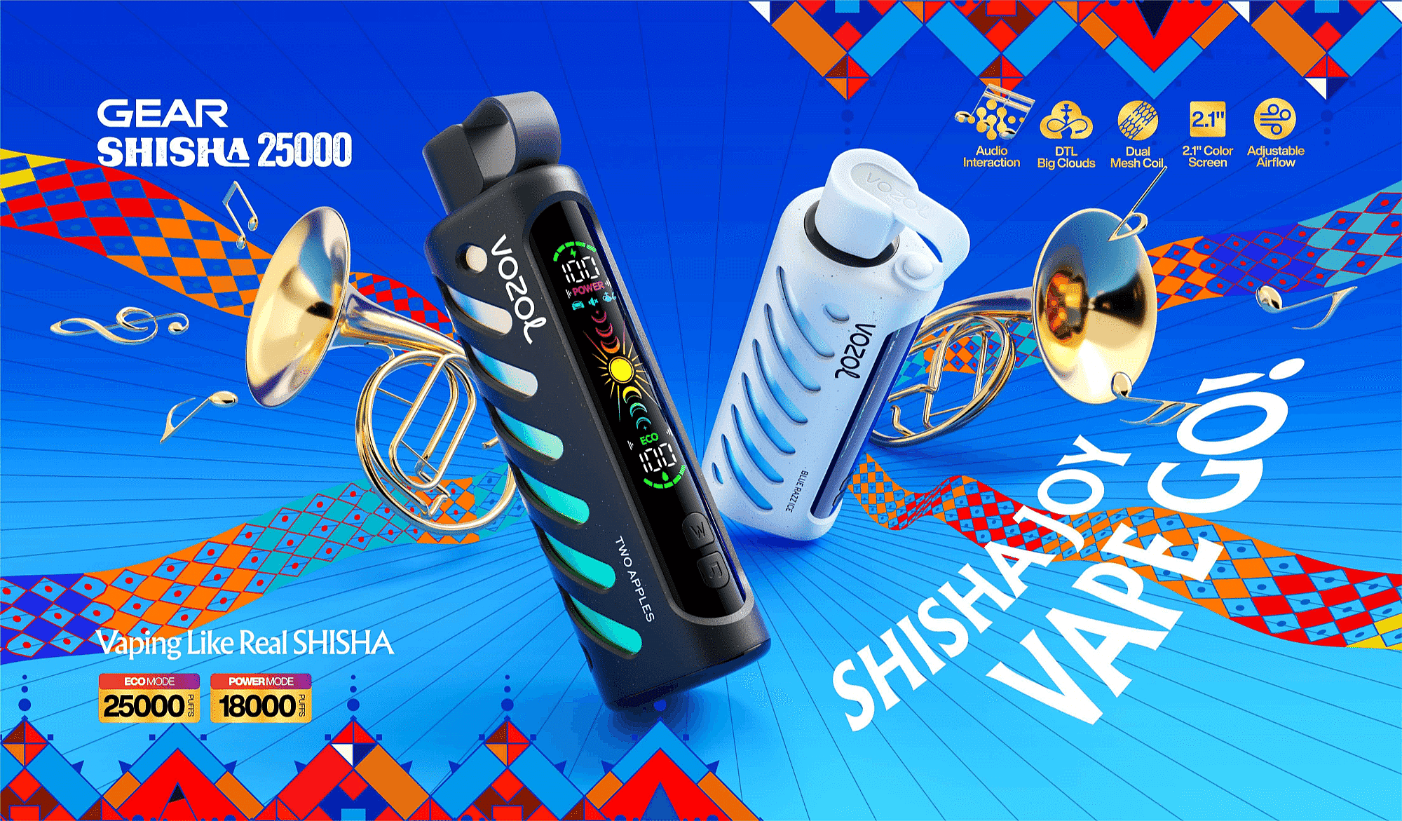 Reklambild med två Vozol-vaping-enheter bredvid ett bleckblåsinstrument mot en livfull blå och mönstrad bakgrund, som framhäver produktegenskaper och slogan "Vaping Like Real Shisha".