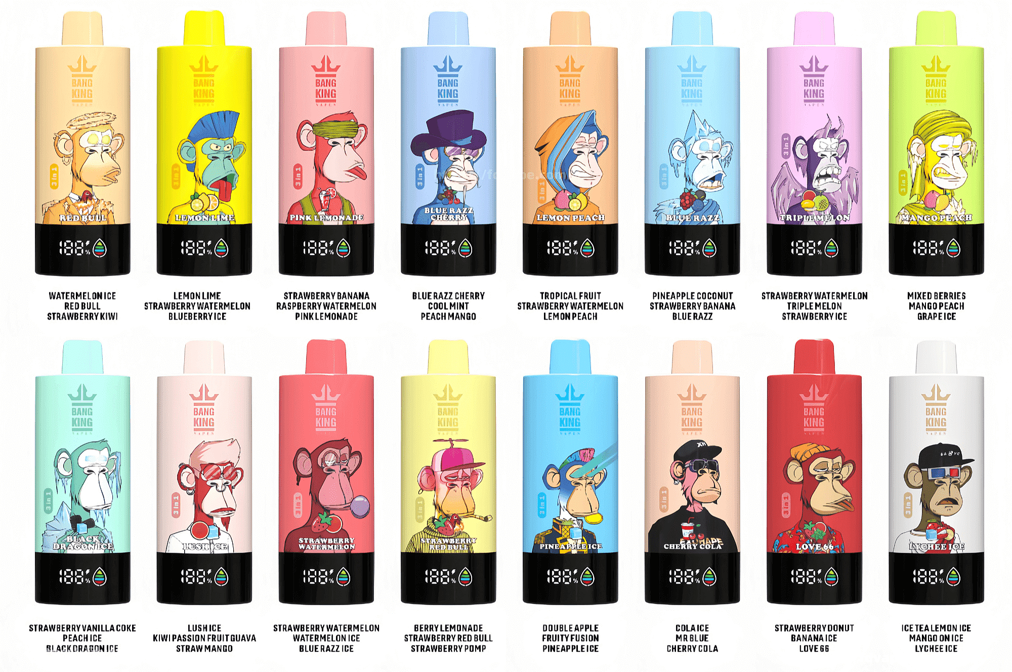 Eine Kollektion farbenfroher Vaping-Produkte mit Affen-Karikaturdesigns und Geschmacksnamen wie „Watermelon Ice“, „Lemon Lime“ und „Pink Lemonade“.