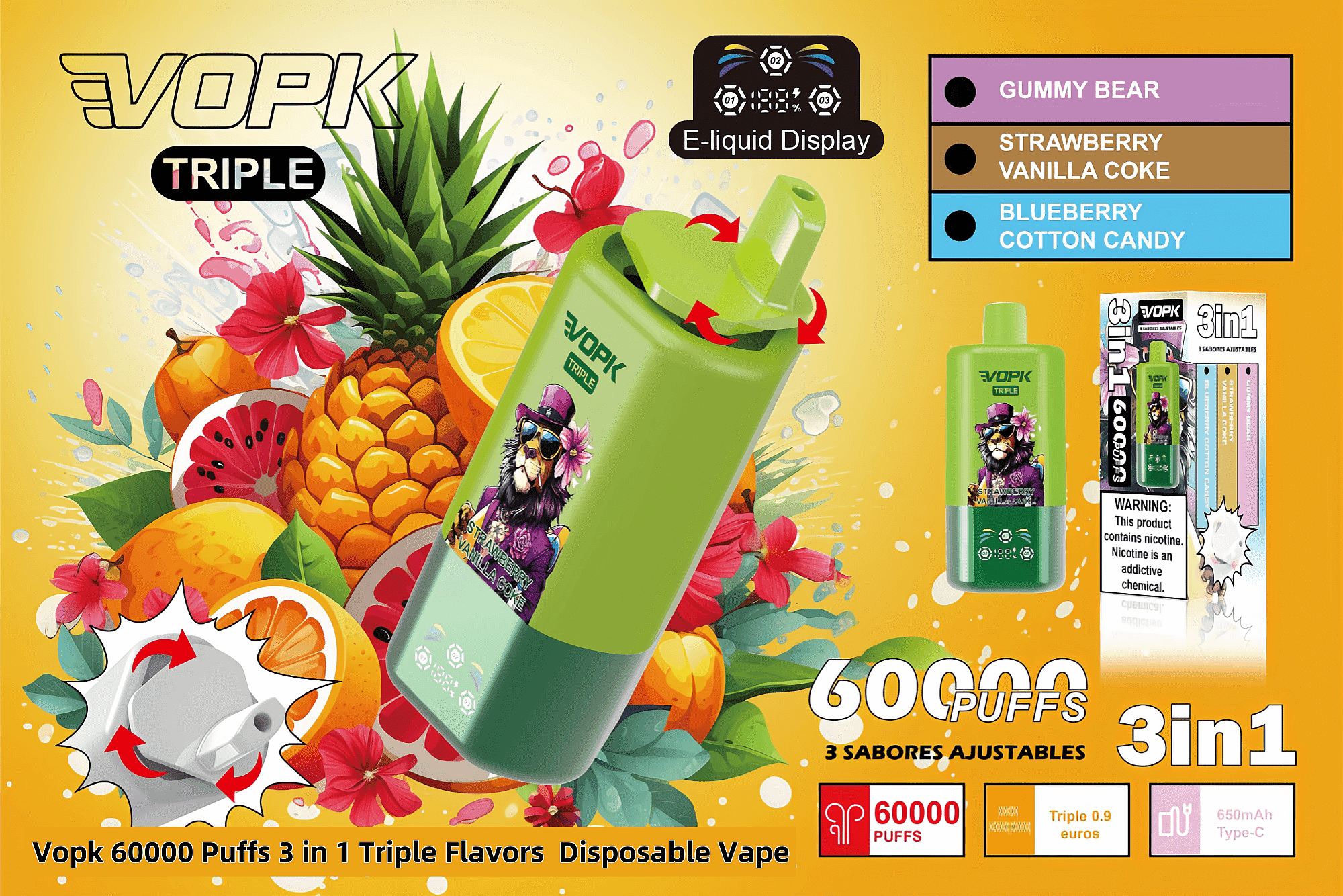 Promotional image of the VOPK Triple disposable vape highlighting its 3-in-1 flavors, e-liquid display, 60,000 puffs capacity, and 650mAh type-C charging feature, set against a colorful background with tropical fruits and branding.