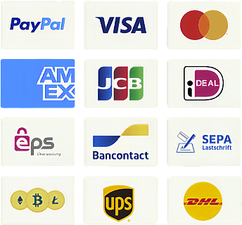 A collection of icons representing payment and shipping providers, including PayPal, VISA, Mastercard, American Express, JCB, iDEAL, EPS, Bancontact, SEPA Lastschrift, cryptocurrency logos, UPS, and DHL.