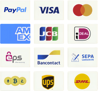 A collection of icons representing payment and shipping providers, including PayPal, VISA, Mastercard, American Express, JCB, iDEAL, EPS, Bancontact, SEPA Lastschrift, cryptocurrency logos, UPS, and DHL.