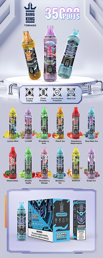 Bang King Tornado disposable vape with 3500 puffs, featuring multiple flavor options such as Strawberry Mango, Blue Razz Ice, and Lemon Mint, displayed with icons highlighting features like e-liquid display, power display, anti-dry-burn protection, and mesh coil technology.