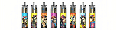 Eine Reihe von Einweg-Vaporizern mit farbenfrohen Designs von Cartoon-Affen in verschiedenen Outfits und Accessoires.