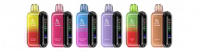 Colorful array of vape devices labeled with different flavors including Peach Mango, Pineapple Lemon, Blueberry Raspberry, Cherry Lime, Strawberry Kiwi, and Huckleberry.