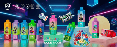 Neon-lit display of colorful disposable vape bottles with cartoon characters, featuring 6 in 1 and 150,000 puffs in promotional graphics.