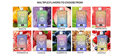 Image showcasing a selection of ten colorful vaping devices, each labeled with unique flavors, including Mango Ice, Grape Ice, Peach Ice, and others, with corresponding fruit imagery in the background.