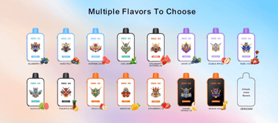 A display of multiple vape device flavors, showcasing products with names like Blueberry Ice, Mixed Fruit, Watermelon Ice, and others, accompanied by corresponding fruit illustrations for each flavor, arranged on a gradient background with the header 'Multiple Flavors To Choose'.