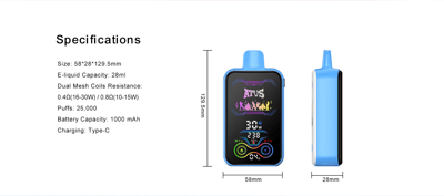 Specifications and dimensions for a blue vaping device, featuring 28ml e-liquid capacity, dual mesh coils, 25,000 puffs capability, 1000mAh battery, and Type-C charging option.