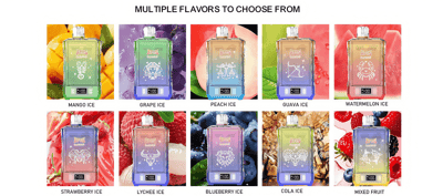 Imagen que muestra una selección de diez dispositivos de vapeo coloridos, cada uno etiquetado con sabores únicos, incluidos Mango Ice, Grape Ice, Peach Ice y otros, con imágenes de frutas correspondientes en el fondo.