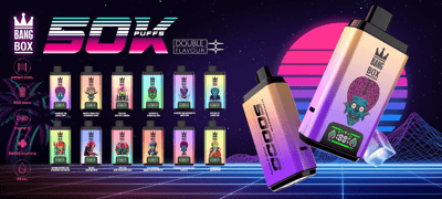 Gamme de vapes jetables Bang Box 50K Puffs sur le thème de l'espace dans des couleurs dégradées avec des étiquettes de saveur et un grand logo 50K Puffs.