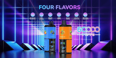 ネオンライトを背景に、2 つの vape デバイス、4 つのフレーバー、60,000 回の吸引能力、およびその他の製品の特徴を強調したプロモーション ディスプレイ。