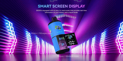 スマートスクリーンディスプレイを備えたカラフルな電子タバコデバイスが、未来的なネオンライトの背景に展示され、バッテリーや電子液体レベルインジケーターなどの機能が強調されています。