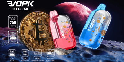 Two EVOPK vape devices, pink and blue, lean beside a large Bitcoin coin on a moon-like surface, with Boost and Norm mode labels.