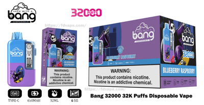 Packaging and product images for a Bang Blueberry Raspberry disposable vape showing a blue-and-purple device with skull-and-skateboard artwork, large “32,000 puffs” branding, a prominent nicotine warning label, and icons noting Type-C charging, 650mAh battery, 32ml e-liquid and 0.5Ω mesh.