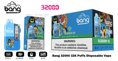 Light-blue Bang disposable vape and matching Blueberry Ice packaging featuring a cartoon character, '32,000 puffs' branding, device specs (32ml, 650mAh, Type‑C) and a large nicotine warning on the box.