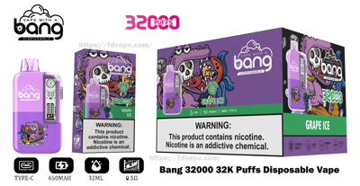 Purple Bang disposable vape device and matching retail boxes labeled "32000 puffs" and "Grape Ice," featuring cartoon skull-and-crocodile artwork, product specs (32ML, 650mAh, Type-C, 0.5Ω) and a prominent nicotine-warning panel.