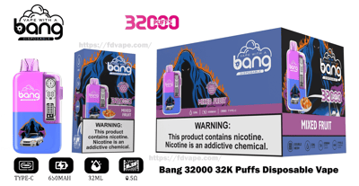 Bang disposable vape device and retail packaging: pink-to-blue gradient handheld unit with a small digital display and hooded-flame artwork, shown alongside a large box labeled “32000 puffs” and “Mixed Fruit,” product icons for 32 mL, 650 mAh, Type‑C and 0.5Ω, and a prominent nicotine warning.