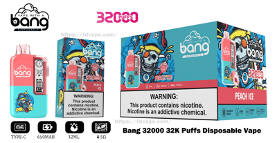 Packaging and device image for Bang disposable vape in turquoise and pink with pirate-skull artwork, labeled Peach Ice and 32,000 puffs, showing the brand logo, nicotine warning box and icons for 32ml, 650mAh, Type-C and 0.5Ω.
