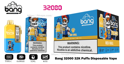 Bright blue-and-yellow Bang disposable vape device and matching small and large product boxes featuring a cartoon skull-sports mascot, prominent '32000 puffs' and 'Red Bull' flavor labels, product spec icons (Type‑C, 650mAh, 32ml, 0.5Ω) and a large nicotine warning, arranged on a white background.