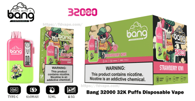 Bright pink-and-green Bang disposable vape device and matching Strawberry Kiwi packaging featuring a skull-in-a-hat skateboarder illustration, prominent "32000 puffs" and brand logos, a nicotine warning box, and icons noting 32ml, 650mAh battery and Type-C charging.