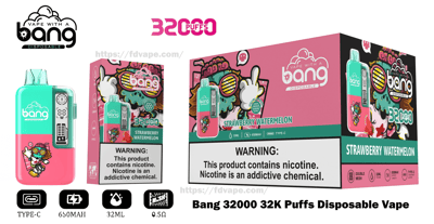 Pink-and-teal Bang disposable vape device alongside its matching Strawberry Watermelon packaging showing "32000 puffs" branding, colorful cartoon artwork, a prominent nicotine warning label, and icons for 32ml, 650mAh battery and Type‑C charging.