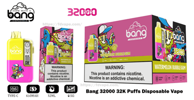 Bright yellow-and-pink Bang disposable vape device shown next to matching pink retail box labeled "Watermelon Bubble Gum" with colorful skull graffiti artwork, 32,000 puffs branding and a prominent nicotine warning panel.
