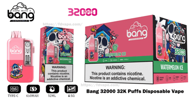 Pink Bang disposable vape and retail boxes showing 'Watermelon Ice' flavor with colorful skull graffiti artwork, '32,000 puffs' branding, technical icons (Type‑C, 650mAh, 32ml, 0.5Ω) and a prominent nicotine warning label.
