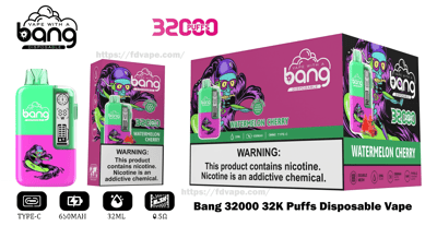 Bright pink-and-green product image and retail packaging for a Bang disposable vape (Watermelon Cherry) showing the device, Bang logo, cartoon skull artwork, prominent "32,000 puffs" branding, icons for 32ml/650mAh/Type‑C/0.5Ω, and a large nicotine warning label.