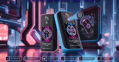 Eine futuristische Produktpräsentation mit zwei FUMOT Tornado-Vaping-Geräten mit digitalen Bildschirmen, die Einstellungen und leuchtende Grafiken anzeigen, in einer neonbeleuchteten Hightech-Umgebung.