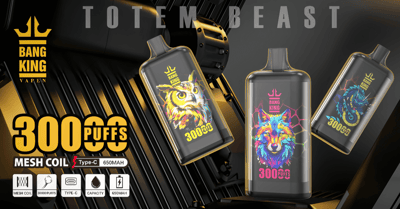 A promotional image showcasing Bang King Vapen disposable vape devices featuring colorful animal designs and offering 30,000 puffs with a mesh coil, Type-C port, and a 650mAh battery capacity.