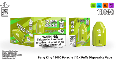 Vaporizador desechable Bang King de color verde lima y cajas minoristas a juego con la etiqueta “Strawberry Kiwi”, que anuncia de manera destacada 12,000 (12K) inhalaciones, carga tipo C, batería de 550 mAh, 18 ml de líquido electrónico y una gran advertencia de nicotina.
