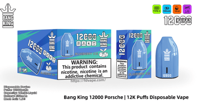 Vaporizador desechable Blue Bang King y empaque a juego en azul brillante para el sabor Blueberry Ice, que se muestra con una caja más grande, una caja minorista más pequeña y el dispositivo, íconos de producto que indican el tipo C, 550 mAh, 18 ml y bobina de malla de 1.2 Ω, y una etiqueta de advertencia de nicotina prominente.