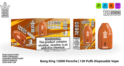 Fotografía del empaque y del producto de un vaporizador desechable Bang King “Cherry Cola” de color naranja y sus cajas que muestran el logotipo de la corona, un reclamo de 12,000 inhalaciones, íconos técnicos (Tipo C, 550 mAh, 18 ml, bobina de malla de 1.2 Ω) y una etiqueta prominente de advertencia de nicotina.