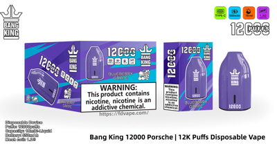 Vaporizador desechable Purple Bang King 'Blueberry Grape' junto con su caja de venta a juego con la etiqueta 12,000 inhalaciones, con una advertencia de nicotina prominente e íconos para carga tipo C, batería de 550 mAh, e-líquido de 18 ml y bobina de malla de 1,2 Ω.