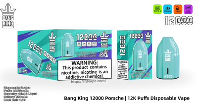 Vaporizador desechable Bang King de color turquesa brillante y cajas minoristas a juego con la etiqueta "Watermelon Bubblegum" que muestra la marca de 12,000 inhalaciones/12K, el logotipo de la corona, íconos para carga tipo C, batería de 550 mAh, e-líquido de 18 ml y bobina de malla de 1.2 Ω, y una advertencia de nicotina prominente sobre un fondo blanco.