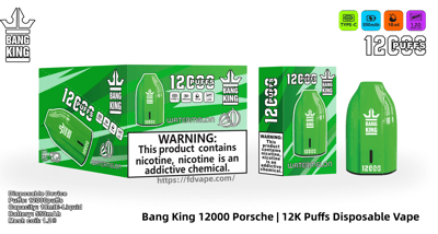 Vaporizador desechable Green Bang King 12000 y empaque con temática de sandía a juego que muestra el dispositivo, la marca grande '12,000 inhalaciones', etiqueta de advertencia de nicotina e íconos para carga tipo C, batería de 550 mAh, e-líquido de 18 ml y bobina de malla de 1,2 Ω.