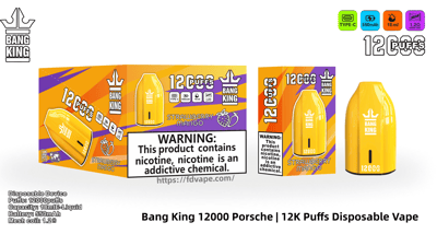 Vape desechable Bang King de color amarillo brillante y cajas a juego que muestran el sabor “12,000 inhalaciones” y “Mango Fresa”, una etiqueta prominente de advertencia de nicotina e íconos para carga tipo C, batería de 550 mAh, e-líquido de 18 ml y bobina de malla de 1,2 Ω.