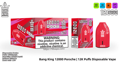 Vaporizador desechable Bang King rojo en forma de lágrima y empaque de fresa y sandía a juego que muestra '12,000 inhalaciones', íconos de producto (Tipo C, 550 mAh, 18 ml, bobina de malla de 1,2 Ω) y una etiqueta prominente de advertencia de nicotina.